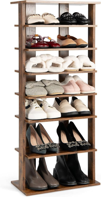 Giantex 8-Tier Wooden Shoe Rack, Patented Double Row Shoe Organizer for 16 Pairs, Customizable Height, Space-Saving Shoe Storage Stand for Entryway, Hallway, Living Room, Bedroom, Brown