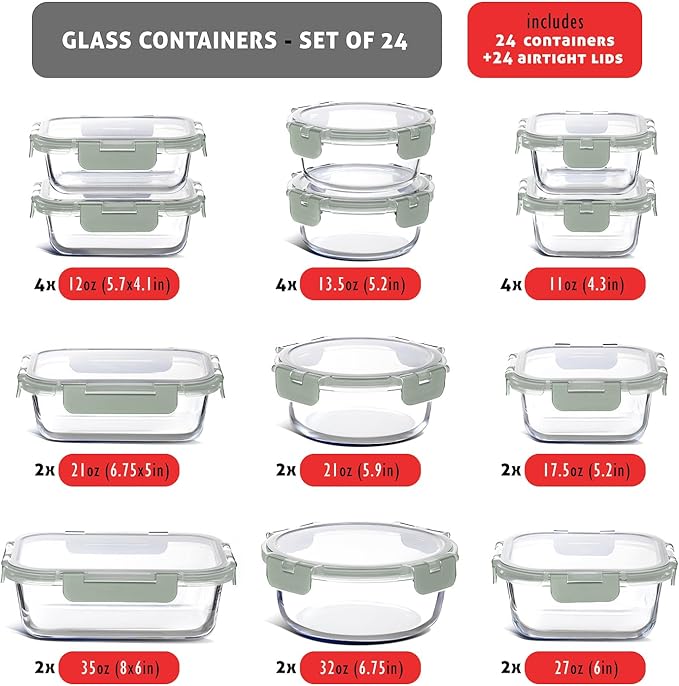 EATEX 48pc Glass Storage Containers with Lids, 24 Glass Food Storage Containers with 24 Airtight Lids for Pantry & Kitchen, Meal Prep Containers for Lunch, Oven Freezer Microwave & Dishwasher Safe