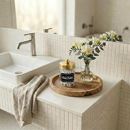 Amolliar Apothecary Jars Bathroom Storage Organizer - Cute Qtip Dispenser Holder Vanity Canister Jar Glass with Lid for Cotton Swabs,Rounds,Bath Salts,Makeup Sponges,Hair Accessories-Gold (1 Pack)