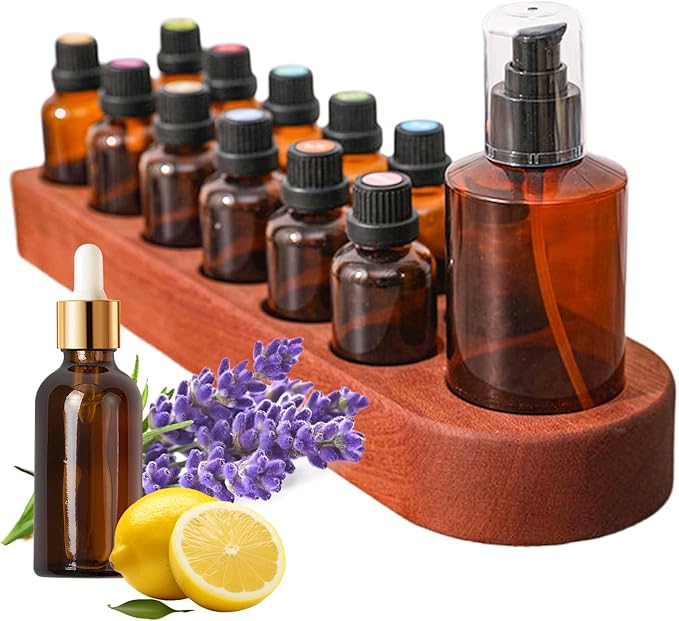 Wooden Essential Oil Holder with 13 Holes (3cmx12 & 5cmx1), Retro Desktop Display Rack for Bathroom Vanity Desk Organizer