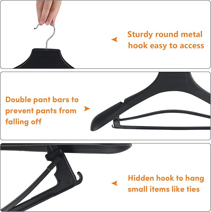 DEDU Suit Hangers for Men 20 Pack, Coat Hangers Non Slip Width 17.7", Black Extra WideThick Plastic with Pants Bar & Metal Hook