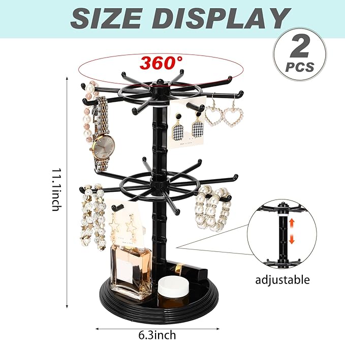 2 Pack Keychain Display Stand Rotating Jewelry 2 Tier Necklace Holder Plastic Spinning Bracelet Hanging Organizer Rotating Rack Earring Bracelet Stands for Vendors Malls Counter Dressing Table