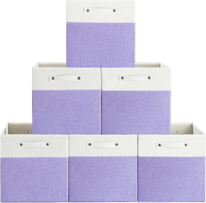 FinishingBo 13 x 13 Inch Fine Linen Storage Bins with Handles，Fabric Cube Boxs，Basket Organizers for Shelves for Home, Closet Drawers (White/Purple-6 Pack)
