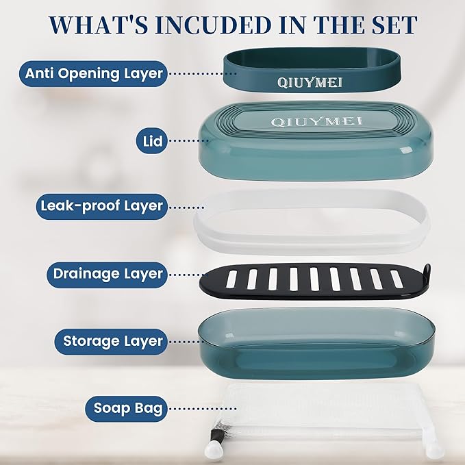 Shampoo Bar Holder and Soap Case | Leakproof Travel Container with Lid & Drain Tray | Includes Silicone Strap and Mesh Soap Bag | for Bathroom, Shower, Camping, Gym Travel (Blue, Large)