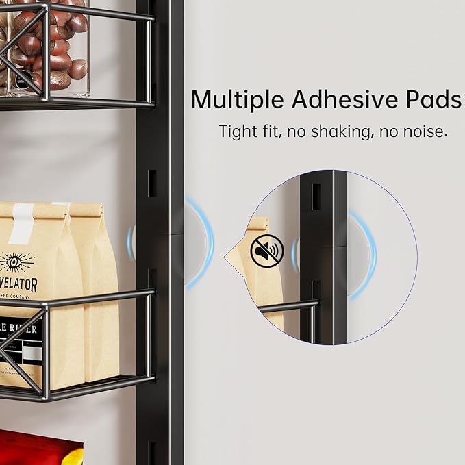 MIAOLI Over the Door Organizer, Black 6-Tier Pantry Door Organizer with Adjustable Basket, Hanging Spice Rack Cabinet Door Shelves, Laundry Room Organization and Storage