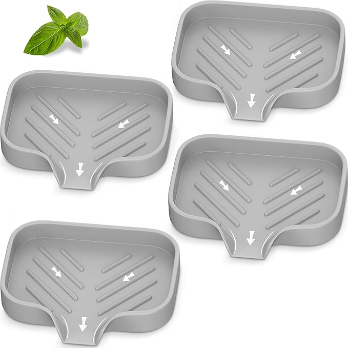 Silicone Soap Holder, 4 Pcs Thickened High-Purity Silicone, Self-Draining Soap Tray for Shower (Gray)