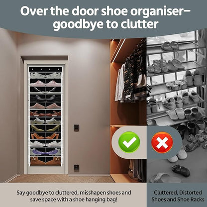 PAULONE 12 Pocket Over the Door Shoe Organizer,Reusable Breathable Large Mesh Bag Men's & Women's Sneaker Organizer,Shoe Organizer for Kids,Hanging Shoe Storage Hanging Bag (Black)