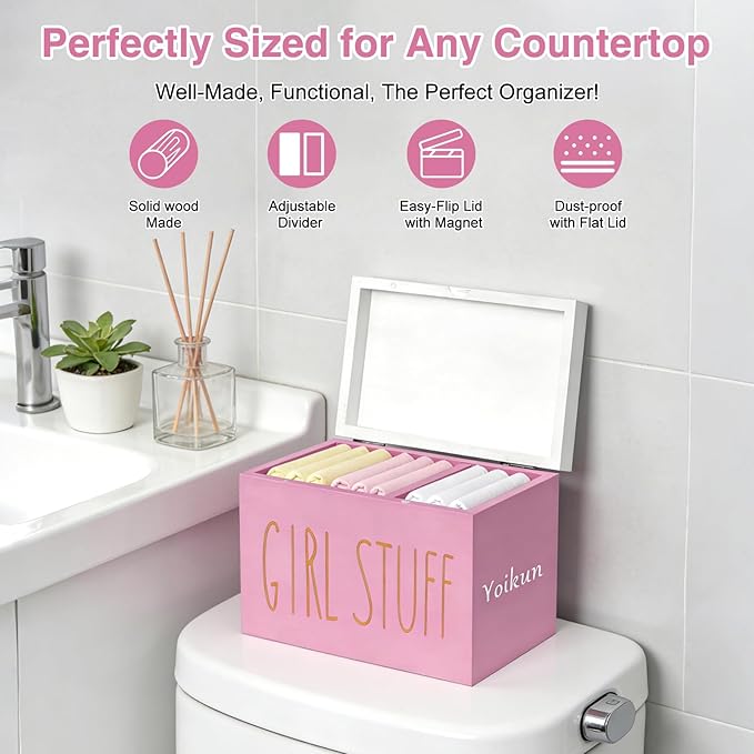 Tampon Holder for Bathroom with Hinged Lid, Modern Farmhouse Feminine Product Organizer, Decorative Storage Box for Pads & Period Essentials, Toilet Tank or Countertop (Pink)