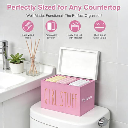 Tampon Holder for Bathroom with Hinged Lid, Modern Farmhouse Feminine Product Organizer, Decorative Storage Box for Pads & Period Essentials, Toilet Tank or Countertop (Pink)