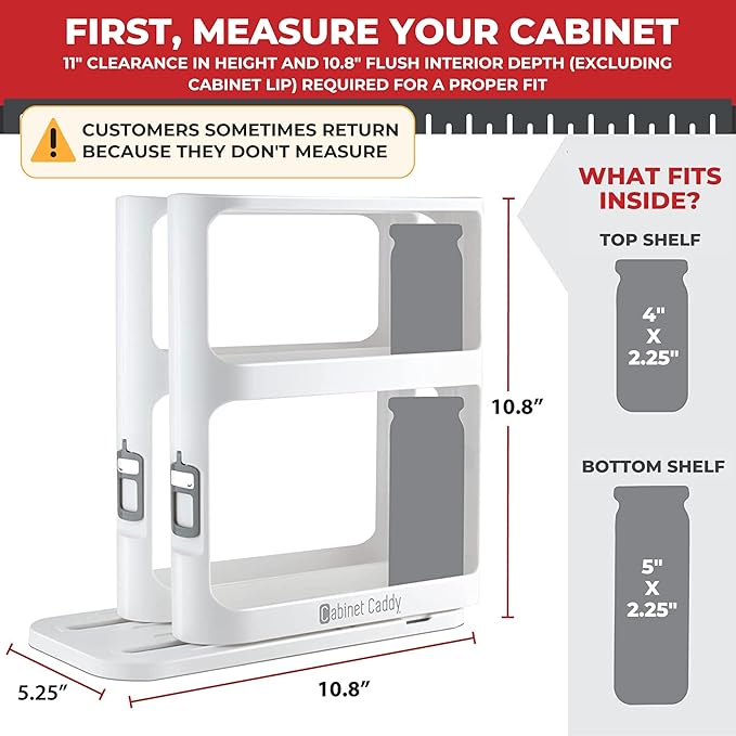 Cabinet Caddy Spice Rack Organizer for Cabinet - Slide & Rotate Kitchen Organizers and Storage - 2 Double-Decker Shelves - Non-Skid Base - Magnetic Modular Design - 10.8" H x 5.25" W x 10.8" D