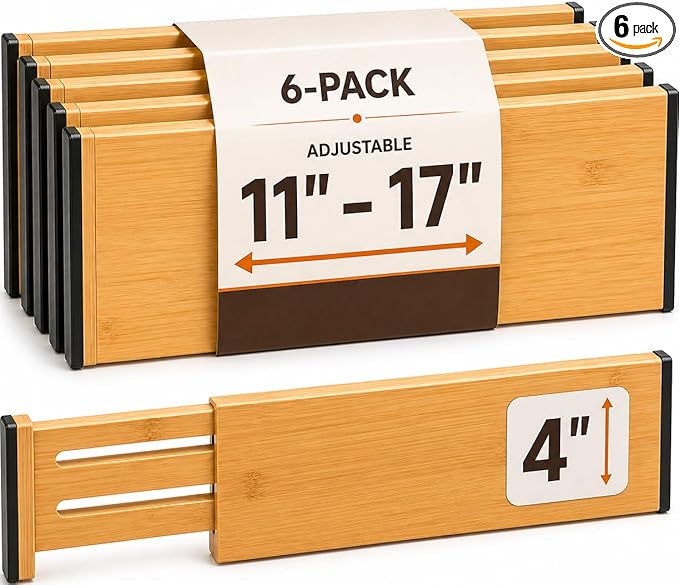 6-Pack Drawer Dividers - 4 Inches High, Adjustable 11 to 17 Inches Bamboo Drawer Organizers, Large Deep Expandable Separators for Clothes, Dresser, Bedroom, Bathroom, Baby, Office, Kitchen Utensils