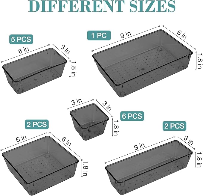 StorMiracle 16 PCS Drawer Organizer Set, 5 Varied Size Bathroom and kitchen Drawer cabinet organizer Trays, Clear Storage Bins for Makeup, Jewelry, Utensils and Gadgets, Black