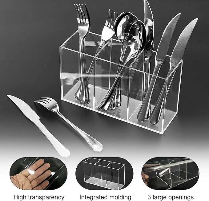 Clear Acrylic Cutlery Storage Organizer, Plastic Cutlery Utensil Holder Storage Organizer Caddy for Kitchen Countertop Organization, Holds Fork, Knife, Spoon, Pen, Silverware Tableware Storage Box