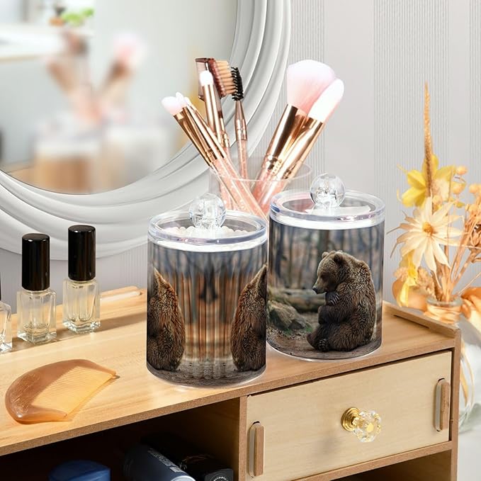 Sitting Bear Pattern Qtip Holder 2 Pack - 10 Oz Clear Plastic Apothecary Jar Set for Bathroom Organization - Versatile Canister Storage for Cotton Balls, Swabs, Rounds