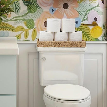 Bathroom Vanity Tray, 16.7 Inch Water Hyacinth Toilet Tank Baskets, Long Wicker Counter Tray for Paper Hand Towel, Bathroom Counter Organizer for Decor Coffee Table (16.7" x 6" x 2")