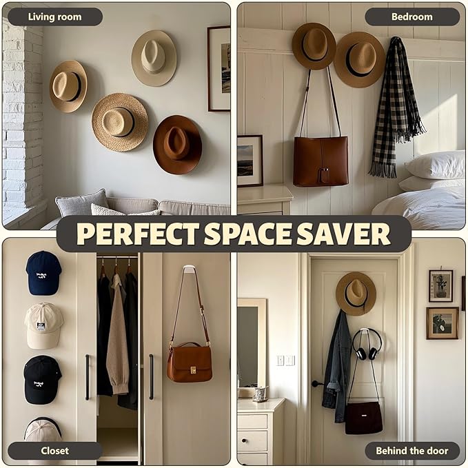 SelfTek 2.9 Inch Cowboy Hat Rack for Wall - 8 Pack Hat Hooks & Holder Hanger, Heavy Duty Adhesive Wall Mount, Western Room Decor for Baseball Cowboy, Sun Hats, Fedora, Wide Brim Hats (Clear)