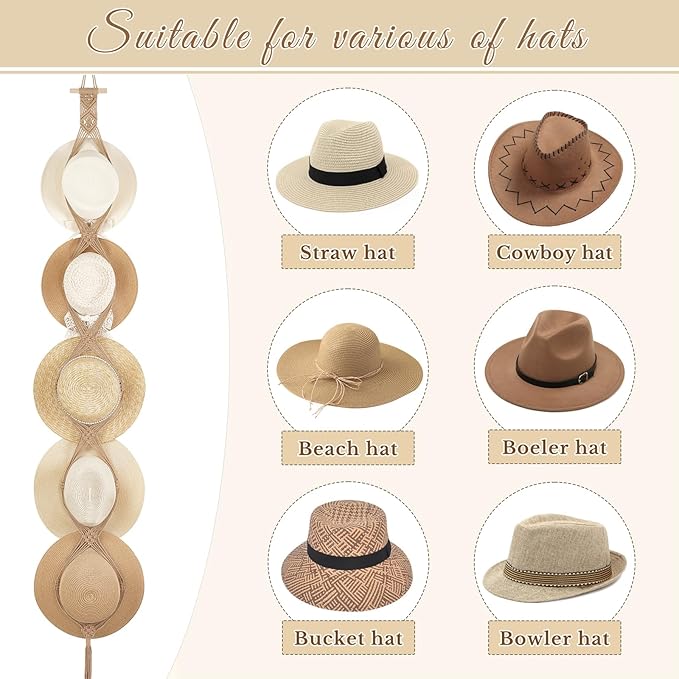 Dahey Macrame Hat Hangers Hat Rack for Wall Cowboy Hat Organizer Hanging Display Hand Weaving Bobo Hat Holder Western Decor for Wide Brim Hats Bowler Fedora Hats, 5 Hat Style Brown