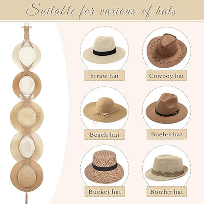 Dahey Macrame Hat Hangers Hat Rack for Wall Cowboy Hat Organizer Hanging Display Hand Weaving Bobo Hat Holder Western Decor for Wide Brim Hats Bowler Fedora Hats, 5 Hat Style Brown