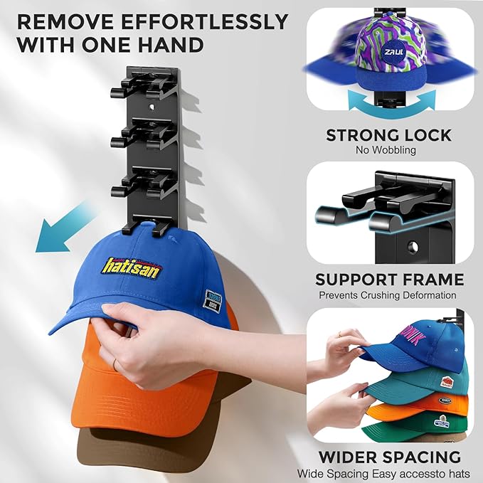Hat Organizer for Baseball Caps, 2 Pack Hat Rack for Wall Closet Door Hold up to 16 Hats,Hat Holder with Adhesive and 8 Screws, Hat Hanger Cap Holder Hat Hangers for Wall Closet Door Bedroom(A-Black)