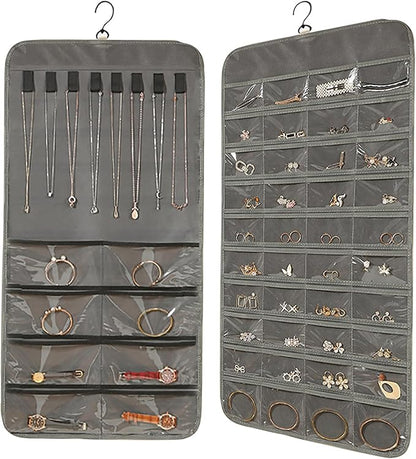 Hanging Jewelry Organizer: Necklace & Earring Holder with Pockets for Closet, Wall or Door (Grey)