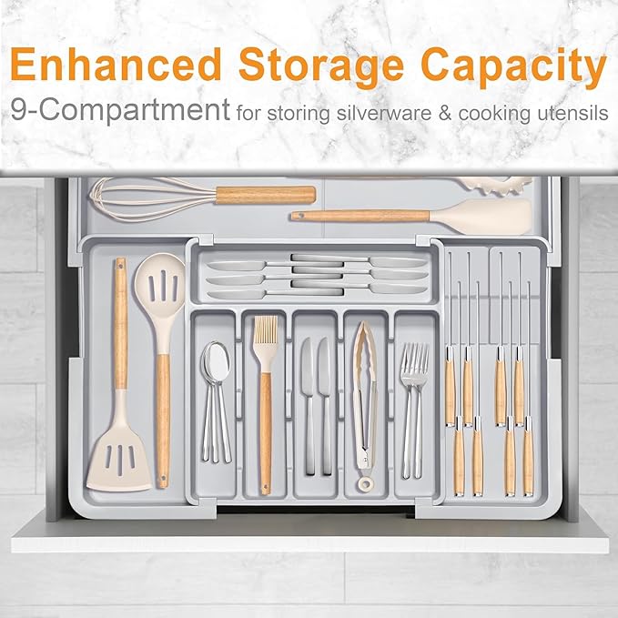 Silverware Organizer Expandable Utensil Drawer Organizer Adjustable Drawer Organizer, Flatware Cutlery Silverware Tray for Spoons Forks Knives Kitchen Organizers Storage (Gray Plus)