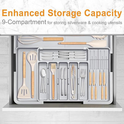 Silverware Organizer Expandable Utensil Drawer Organizer Adjustable Drawer Organizer, Flatware Cutlery Silverware Tray for Spoons Forks Knives Kitchen Organizers Storage (Gray Plus)