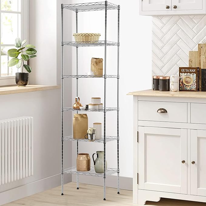 6-Shelf Adjustable Storage Shelves 600Lb Capacity Metal Wire Shelving Unit Storage Rack for Kitchen Bathroom Corner Shelf Organizer for Small Space, 16.7D x 11.8W x 63H, Chrome