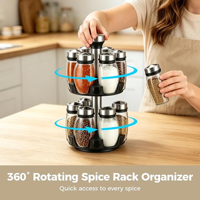 2 Layer Rotating Spice Rack Organizer with 12 Glass Jars, 360° Turntable Seasoning Set, Spinning Kitchen Counter Spice Holder, Airtight Containers with Labels for Kitchen Seasoning Storage