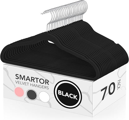 Smartor Velvet Hangers 70 Pack, Black Non Slip Clothes Felt Hanger Heavy Duty for Coat, Premium Slim Space Saving Hangers for Closet Organizer and Storage, 360° Rotating Silver Hook