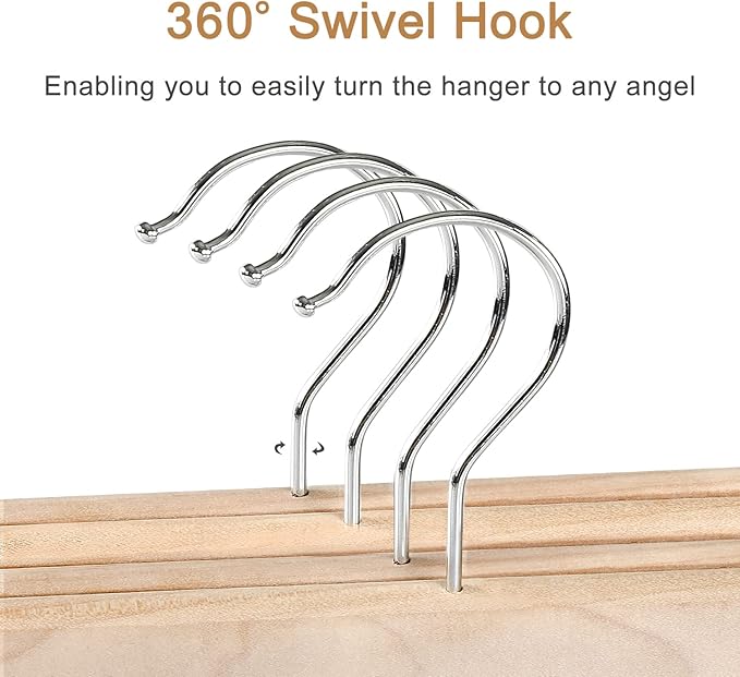 TOPIA HANGER Natural Unfinished Wood Pants Hangers, Wooden Skirt Hanger with Adjustable Clips, 360° Swivel Anti-Rust Hook, Smooth Finish Wood for Trousers 10 Pack-CT10PN