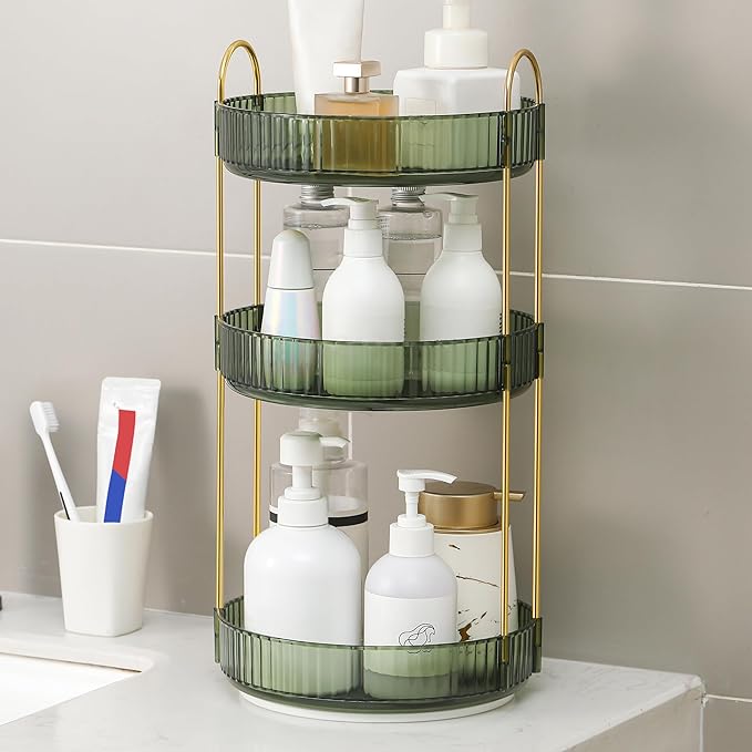 YCIA&DONE 360 Rotating Makeup Organizer and Storage for Vanity Countertop 3 Tiers, High Capacity Cosmetic Skincare Perfume Organizers for Dresser Bathroom Lazy Susan (Vintage Green)
