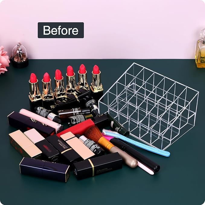 MOSIKER Lipstick Organizer,Small Clear Plastic Compact Lip Gloss Chapstick Perfume Sample Mascara Holder with 24 Slots