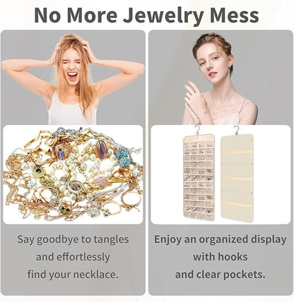 Hanging Jewelry Organizer Storage Roll with Hanger Metal Hooks Double-Sided Jewelry Holder for Earrings, Necklaces, Rings on Closet, Wall, Door, Large 14.17" x 33.07" (beige)