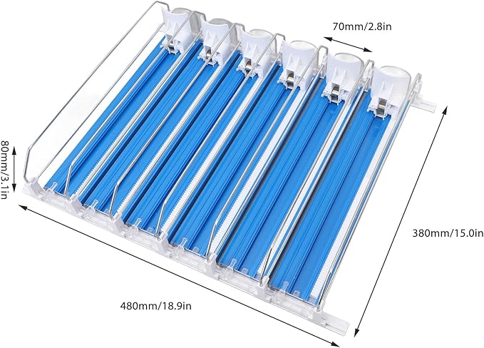 Soda Can Organizer, Automatic Pusher Glide Drink Dispenser for Fridge, Adjustable Width Beverage Holder, Storage 25 Cans 5 Row (Blue)