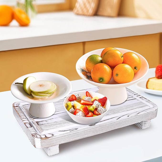 Bathroom Counter Tray Wood Pedestal Stand White Kitchen Countertop Trays Decorative Wooden Riser Display Stands Dish Soap Dispenser Holder for Bathroom Sink Accessories Kitchen Decor Vanity Tray