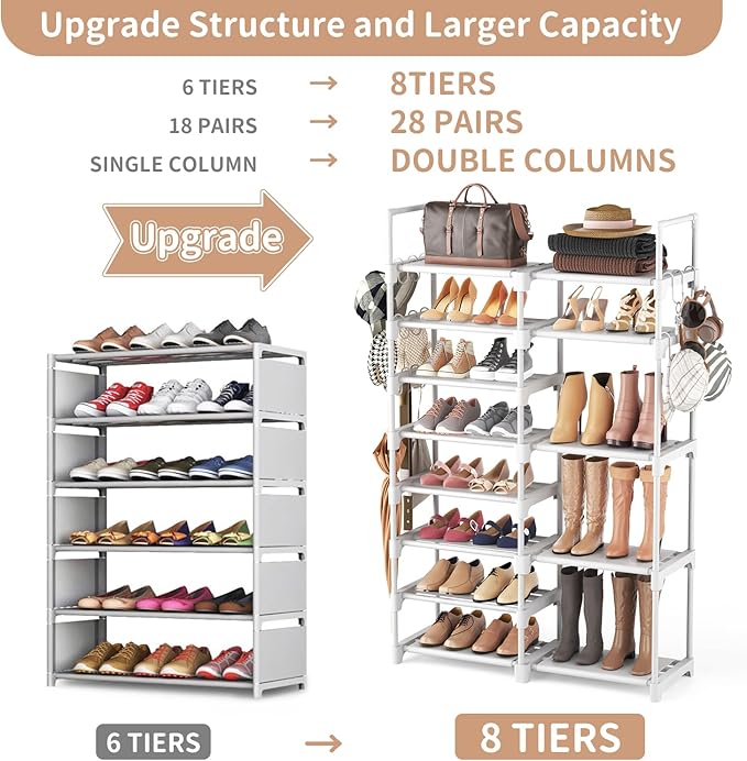 ROJASOP White Shoe Rack, Tall Metal Shoe Rack Organizer for Entryway Closet Garage, 8 Tier Large Shoe Shelf for 26-32 Pairs Boots & Shoes Storage, Space Saving Heavy Duty Shoe Stand
