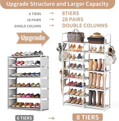 ROJASOP White Shoe Rack, Tall Metal Shoe Rack Organizer for Entryway Closet Garage, 8 Tier Large Shoe Shelf for 26-32 Pairs Boots & Shoes Storage, Space Saving Heavy Duty Shoe Stand
