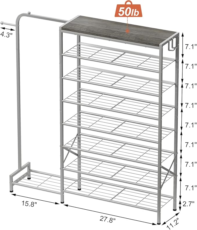 Shoe Rack with Coat Rack, 8 Tier Tall Shoe Storage Organizer with Hooks, 3-in-1, Wooden Top Shelf, Sturdy Frame, Metal Clothes Hanger Stand for Entryway, Closet, Silver