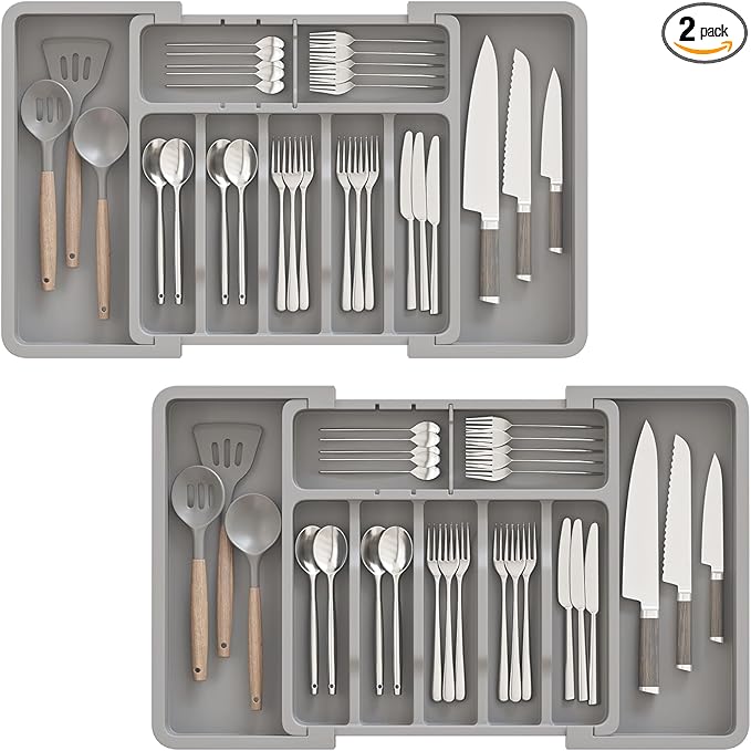 ABHENG 2 Pack Silverware Organizer, Expandable and Adjustable Kitchen Utensil Drawer Organizer, Plastic Cutlery Holder with Multiple Compartments,Cutlery Holder,for Spoons Forks Knives,Grey,UAFD012G
