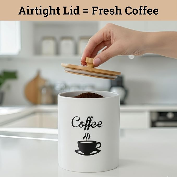 Ceramic Coffee Canister - 12 oz White Airtight Canister - 5 x 6 inch Coffee Bean Storage Container - Stylish Countertop Container for Grounds, Beans, Pods & More with Rubber-Lined Bamboo Lid