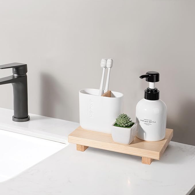 Bathroom Counter Organizer Wood Pedestal Stand Farmhouse Decorative Tray Soap Holder for Kitchen Decor, 9" x 6" - Burlywood
