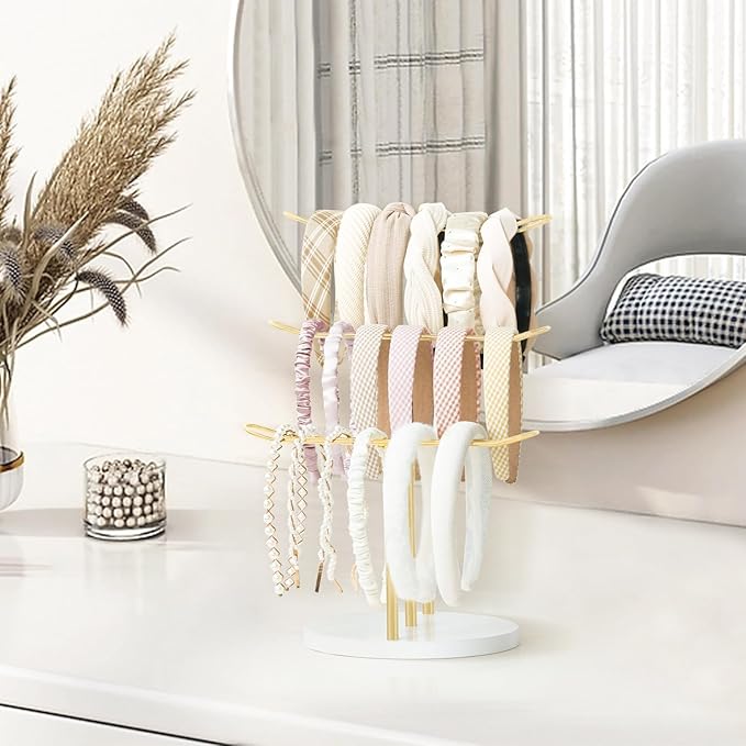 Dahey Headband Holder Organizer Metal 3-Tier Hair Hoop Display Stand Headband Organizer Storage Hair Ropes Accessories Bracelets Bangles Bedroom College Dorm Decor for Girls Women, Gold