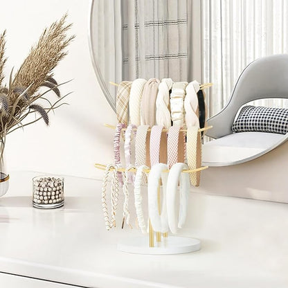 Dahey Headband Holder Organizer Metal 3-Tier Hair Hoop Display Stand Headband Organizer Storage Hair Ropes Accessories Bracelets Bangles Bedroom College Dorm Decor for Girls Women, Gold