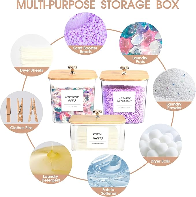 3 Pack Laundry Room Organization Storage Containers, Plastic Clear Laundry Pods Container & Dryer Sheet Holder Jars with Lids, Scoops & Labels for Detergent, Powder, Dryer Balls, Beads