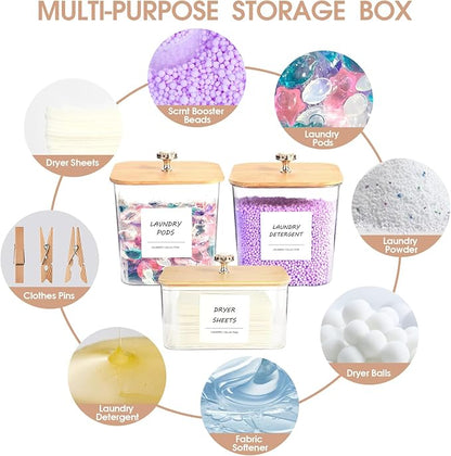 3 Pack Laundry Room Organization Storage Containers, Plastic Clear Laundry Pods Container & Dryer Sheet Holder Jars with Lids, Scoops & Labels for Detergent, Powder, Dryer Balls, Beads