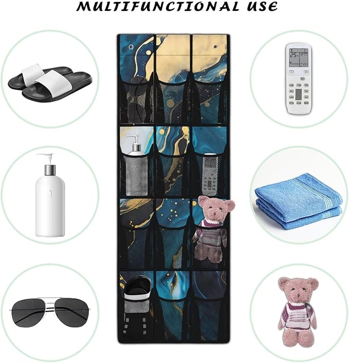Hanging Storage Pockets Over The Door Organizer Storage for Closet with 12 Mesh Pockets Organizers, Clothes Organizer for Bathroom Bedroom,Blue Marble