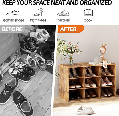 Aenuert 9-Cubby Shoe Rack, 3-Tier Wood Shoe Organizer, Multifunctional Shoe Organizer Bench for Entryway, Mudroom, Hallway, Closet,27.5 * 11.81 * 17.72 Inch,Brown
