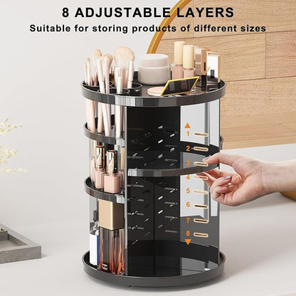 Jiavarry Rotating Makeup Organizer for Vanity, 360 Spinning Skincare Organizers with Adjustable Trays, Make Up Desk Storage Carousel Rack, Cosmetic Display Cases for Dresser Bathroom Countertop Black