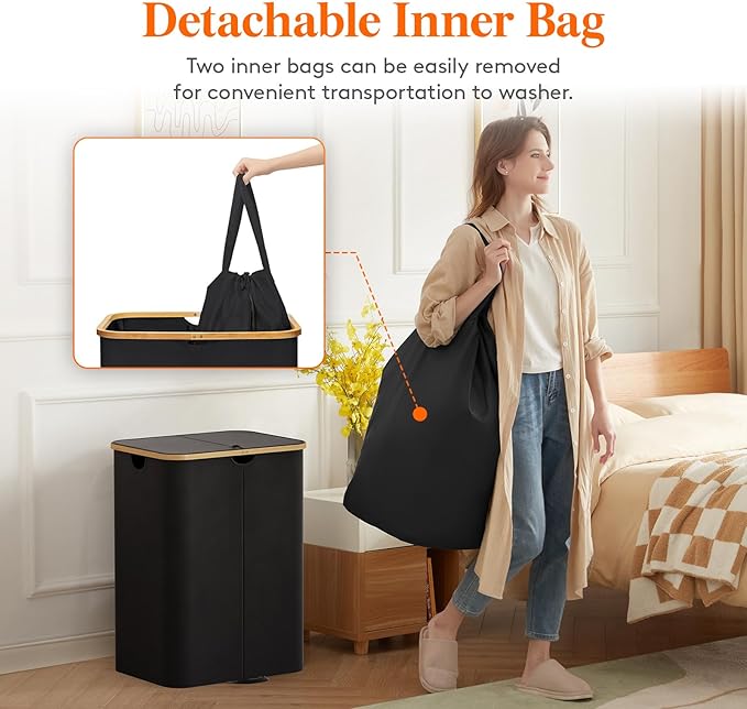 Lifewit 150L Double Laundry Hamper with Lid, Large Laundry Basket with Removable Bag & Bamboo Handles, Fodable Tall Dirty Clothes Hamper for Laundry Collapsible Bin for Bathroom Bedroom Dorm, Black