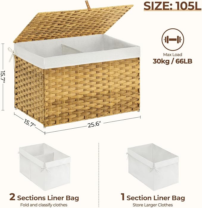 Greenstell Storage Basket with Lid, 105L Large Wicker Basket with Lid, Handwoven Blanket Storage Basket with Handles, Removable Cotton Liner, Metal Frame, Foldable for Bedroom, Laundry Room, Natural